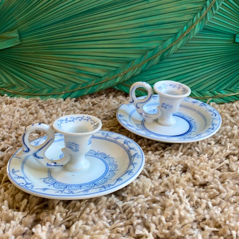 Cottage Core Vintage Blue and White Candle Holders - Set of Two.